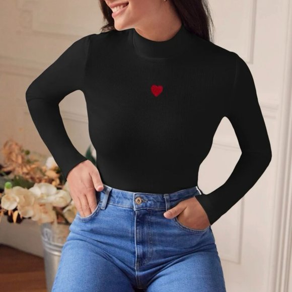 Frenchy Heart Embroidery Mock Neck Tee - Picture 6 of 7